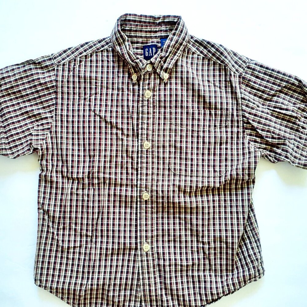 Gap Boys Shirt Button Down Red Tan Green Plaid Short Sleeve XS